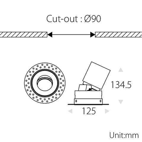 15W雅致系列深藏防眩可调斜照射灯无边框开孔90mm高显/4000K/36°/内黑外