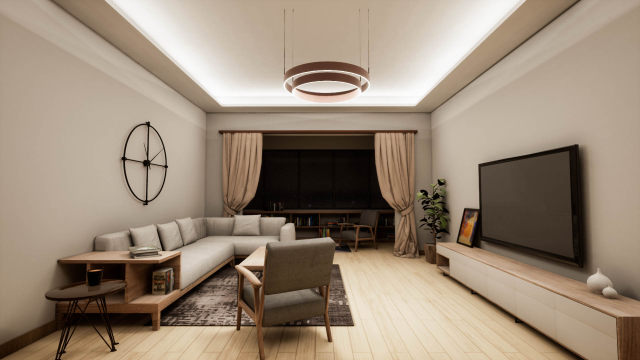 单个主灯+间接照明的功能兼具氛围的客厅灯光设计